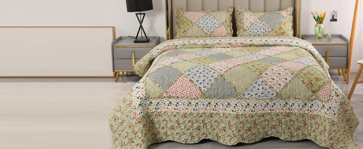 Blue Floral Patchwork Quilt Set, Full Queen Size, 3 Piece Bedding Set with 2 Pillowcases | Blue Patchwork Quilt, Queen Size Bedspread, Reversible Quilt Set, Floral Quilt Set, Patchwork Quilt Set, Queen Comforter Set