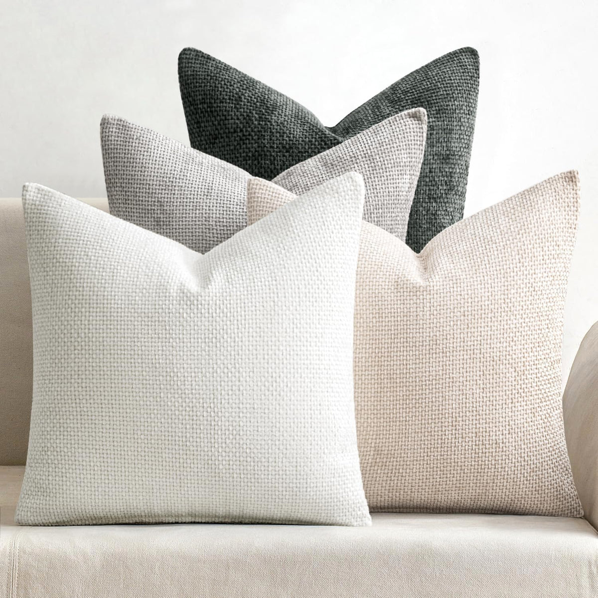Pack of 4 Couch Throw Pillow Covers 18x18 Inch Neutral Soft Decorative Chenille Pillow Covers Farmhouse Boho Cushion Covers for Mid Century Modern Spring Home Decor Sofa Bedroom Living Room