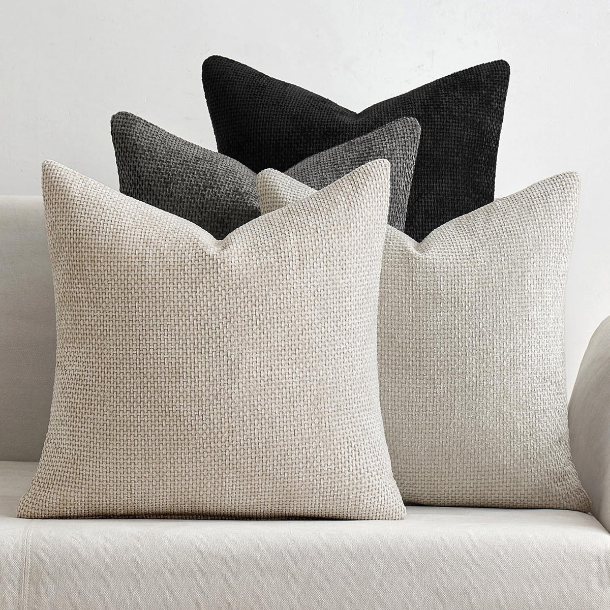 Pack of 4 Couch Throw Pillow Covers 18x18 Inch Neutral Soft Decorative Chenille Pillow Covers Farmhouse Boho Cushion Covers for Mid Century Modern Spring Home Decor Sofa Bedroom Living Room