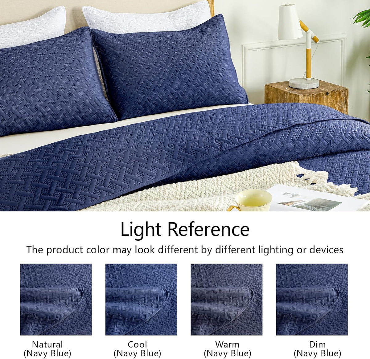 Quilts Queen Size - Ultra Soft Navy Blue Quilt Lightweight Microfiber Bedspreads, Classic Basket Weave Pattern Bedspread Bed Coverlet 3 Pieces for All-Season (1 Quilt, 2 Pillow Shams) | Breathable material, Easy care